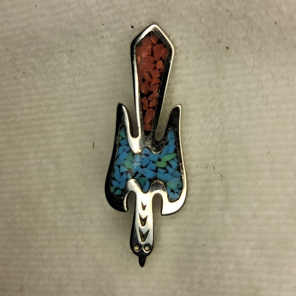 Crushed Turquoise & Coral Thunderbird Pendant - Picture 3 of 3